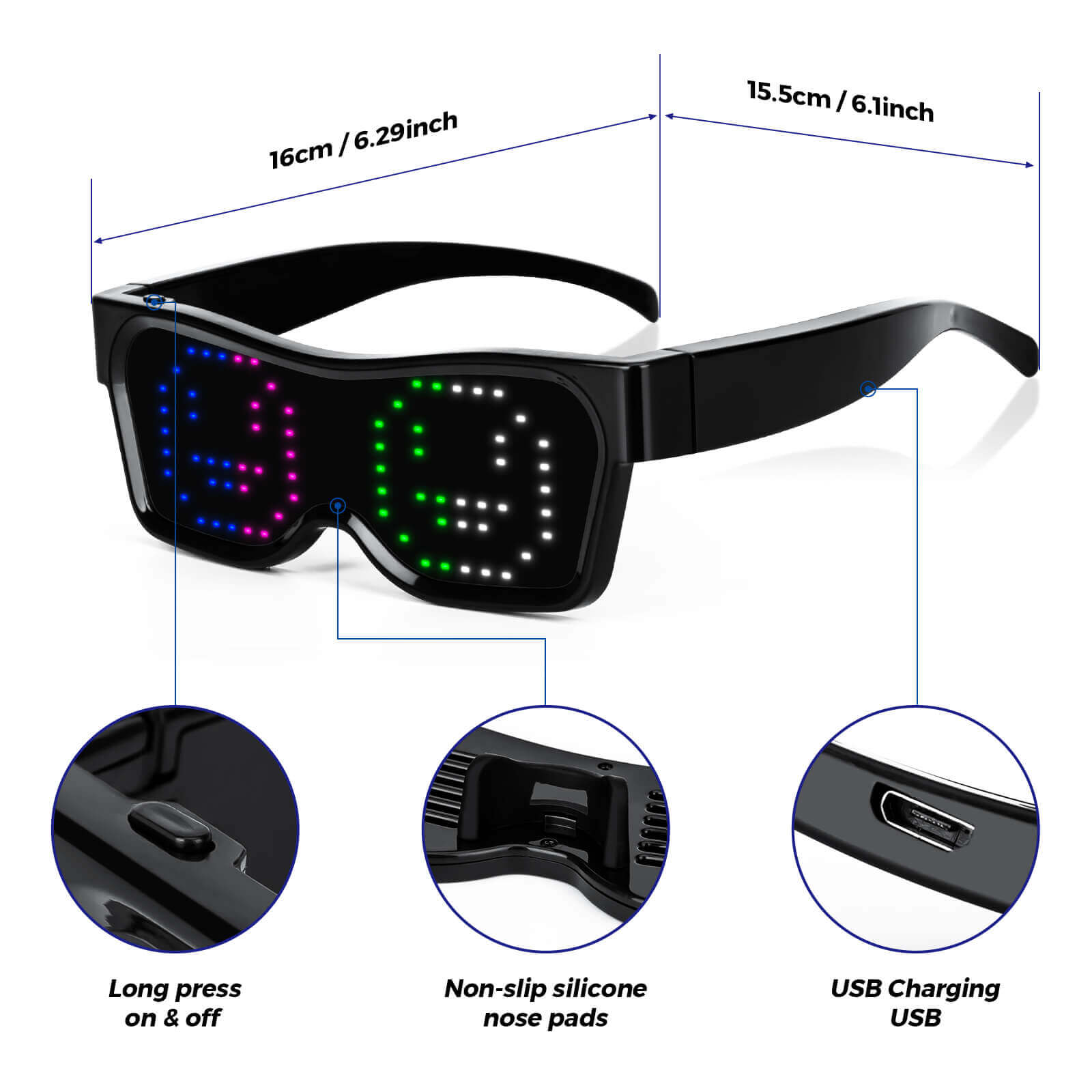 Gelrova customizable LED glasses with four display modes, USB charging, and non-slip nose pads.
