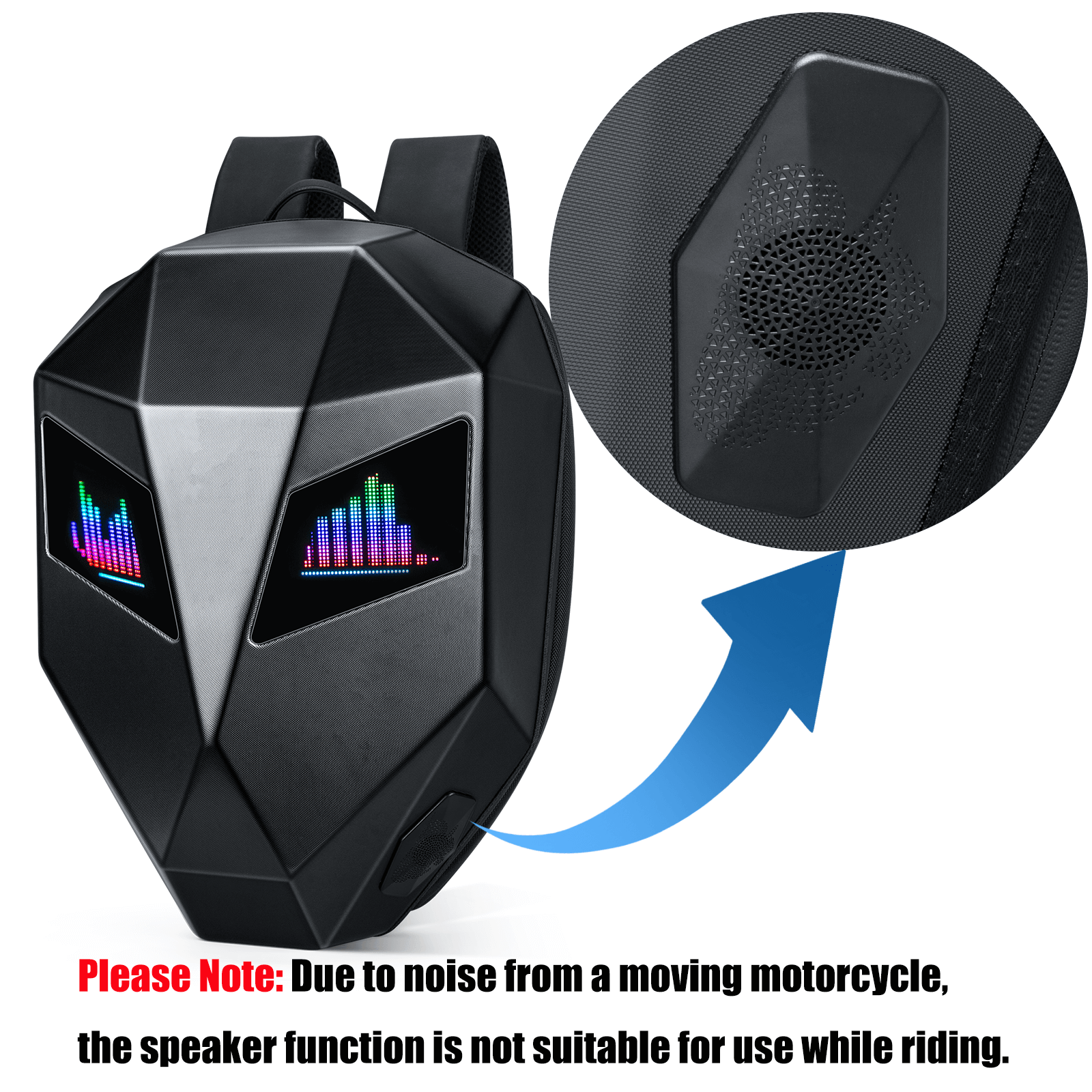 Gelrova LED Motorcycle Backpack - Knight Pro with Speaker 19" featuring programmable eyes and speaker function.