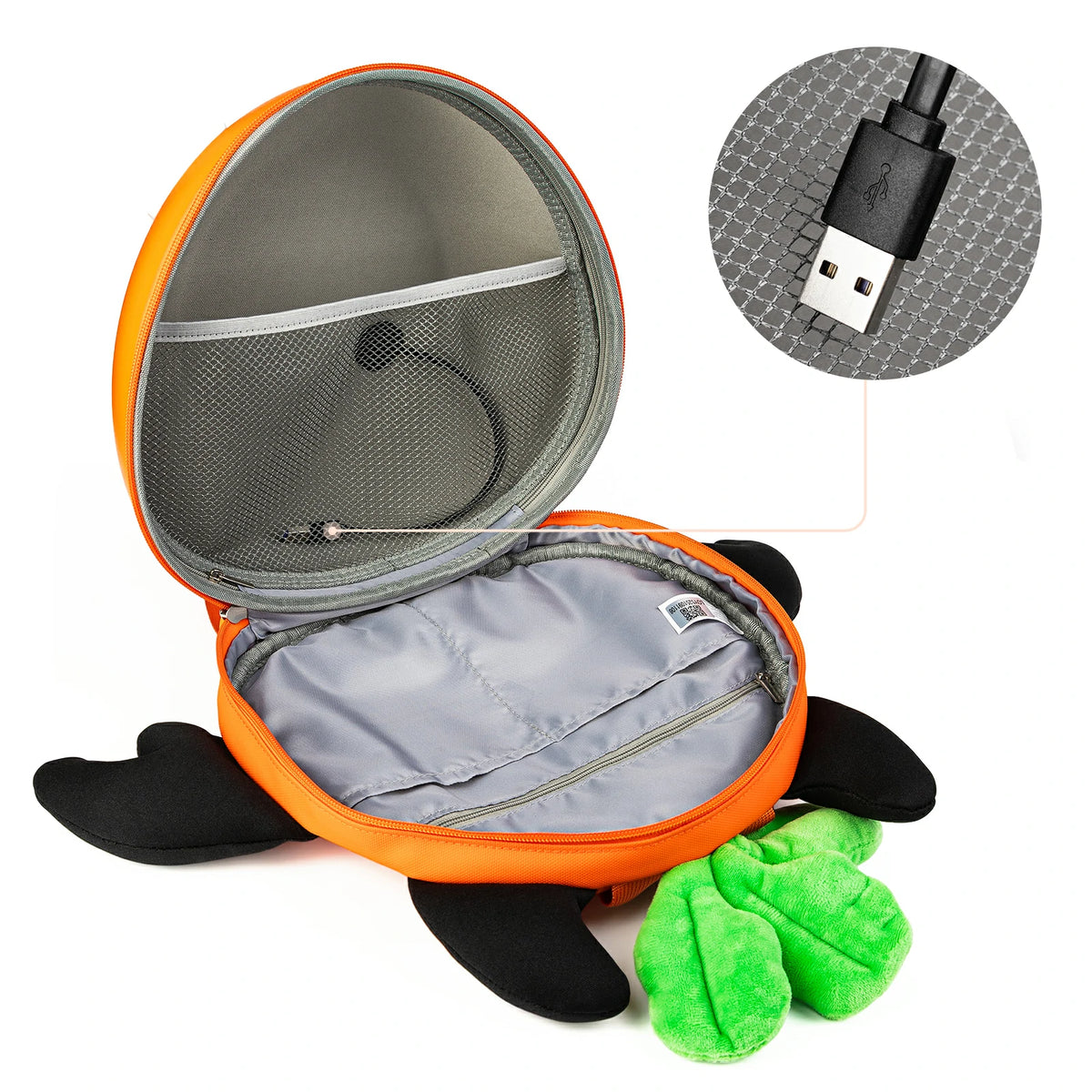 Gelrova Carrot LED Backpack for Kids - Interior view with USB charging and storage features.