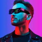 Man wearing Gelrova customizable 4-color LED glasses with vibrant background, showcasing modern trendy eyewear.