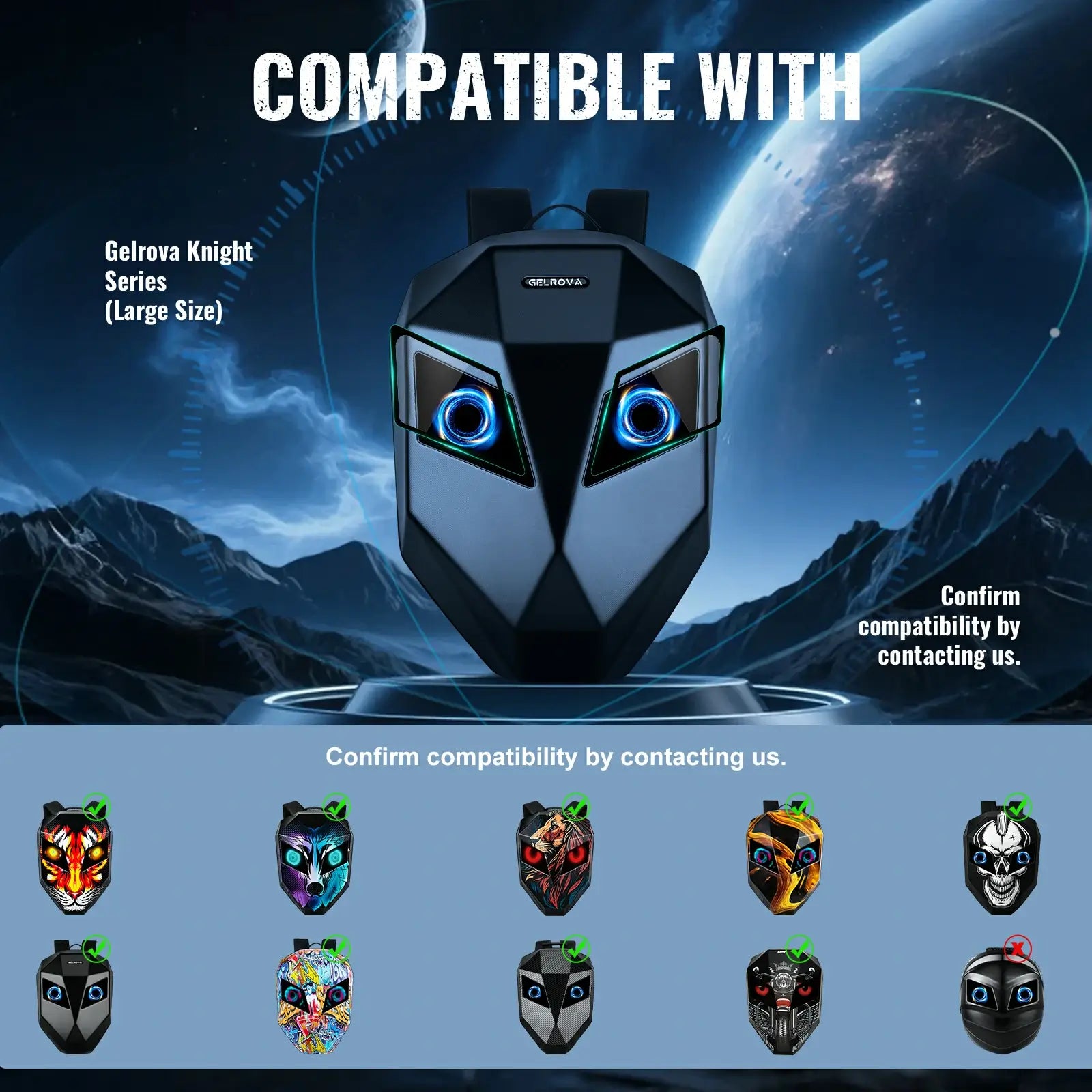 Gelrova Tempered Glass Screen Protector for Knight Series LED Motorcycle Backpack compatibility with various models.
