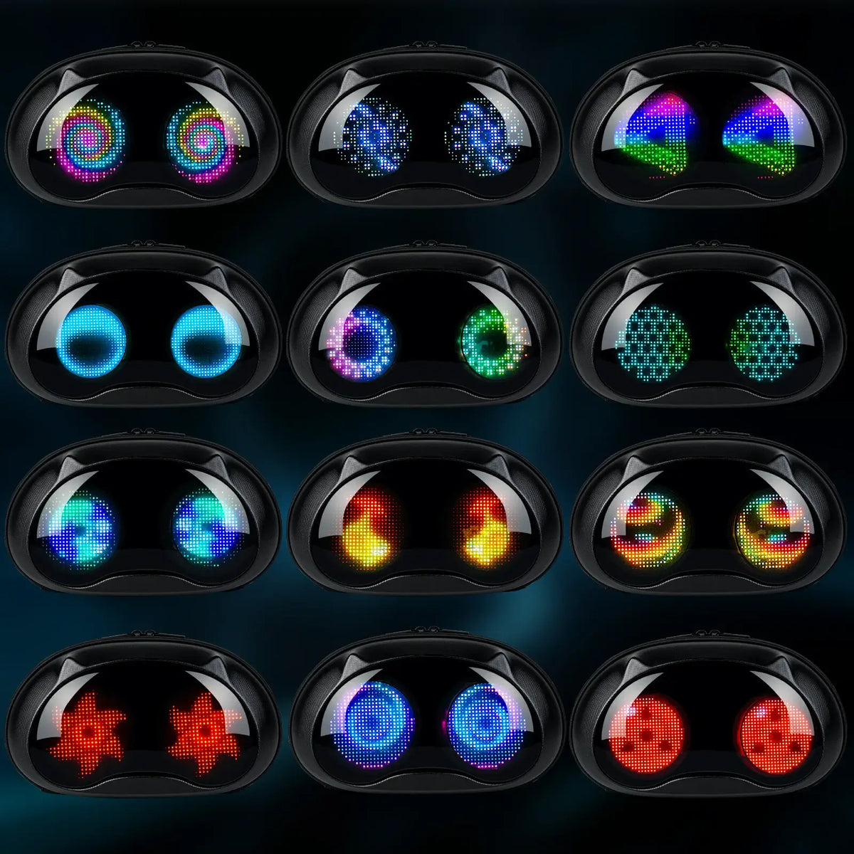 Colorful animated LED displays showcasing various eye patterns for the Gelrova LED Crossbody Bag.