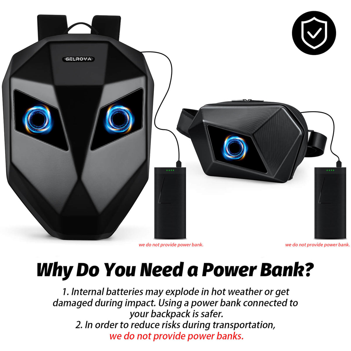 Gelrova LED Motorcycle Backpack Combo – Knight Backpack & Devil Eye Crossbody Bag with power bank connection details