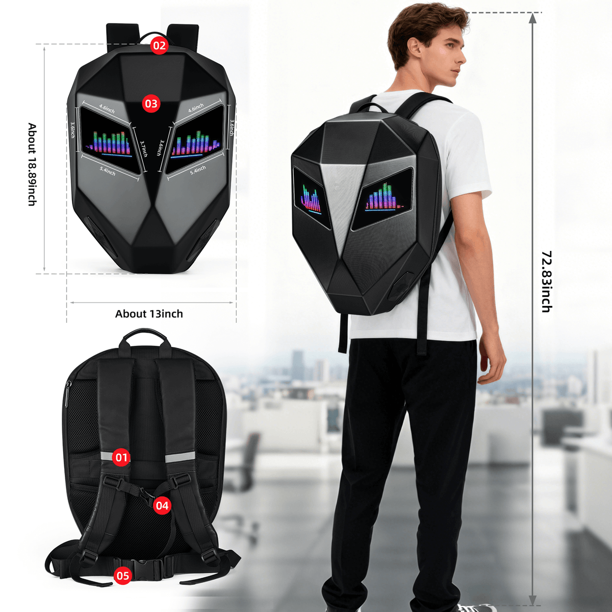 Gelrova LED Motorcycle Backpack - Knight Pro with Speaker 19" showing programmable eyes and dual speakers, perfect for motorcyclists.