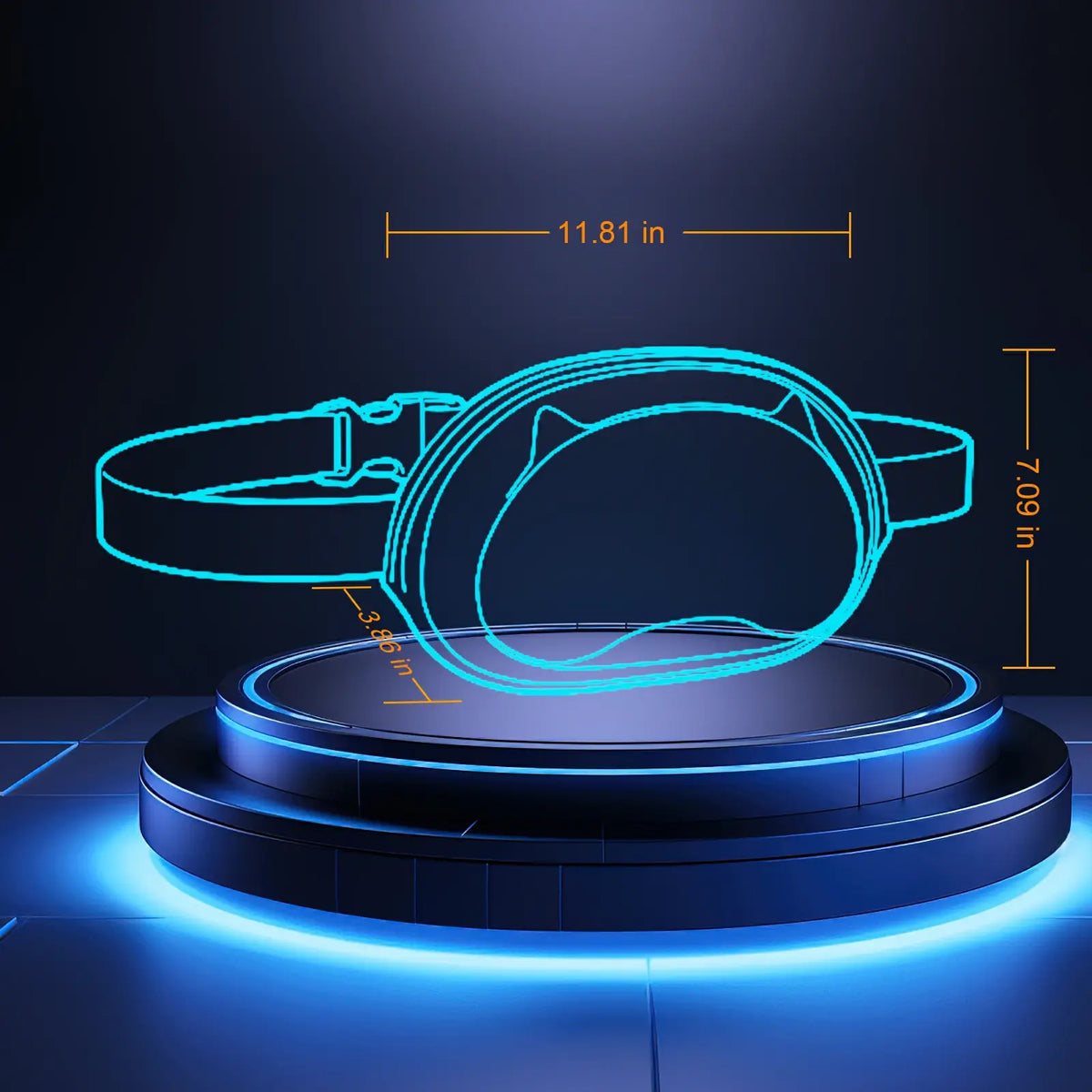 Dimensions of the Gelrova LED Crossbody Bag showcased in a futuristic blue outline on a dark background.