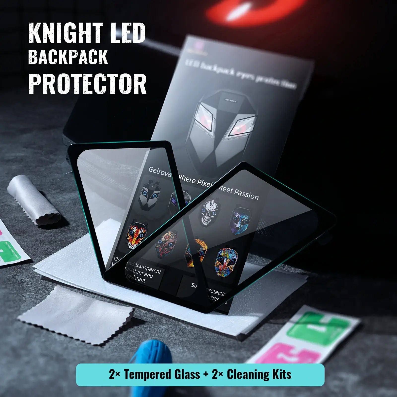 Gelrova Tempered Glass Screen Protector for Knight Series LED Motorcycle Backpack on display with cleaning kits.