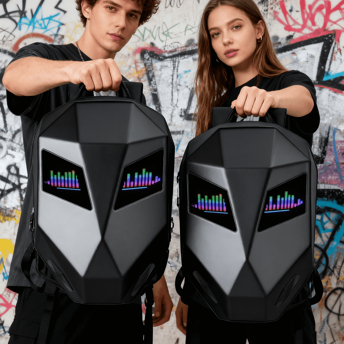 Gelrova LED Motorcycle Backpack - Knight Pro with Speaker 19" features LED programmable eyes and dual speakers for music sharing.