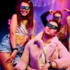 Group of friends wearing Gelrova customizable LED glasses, enjoying a vibrant party atmosphere.