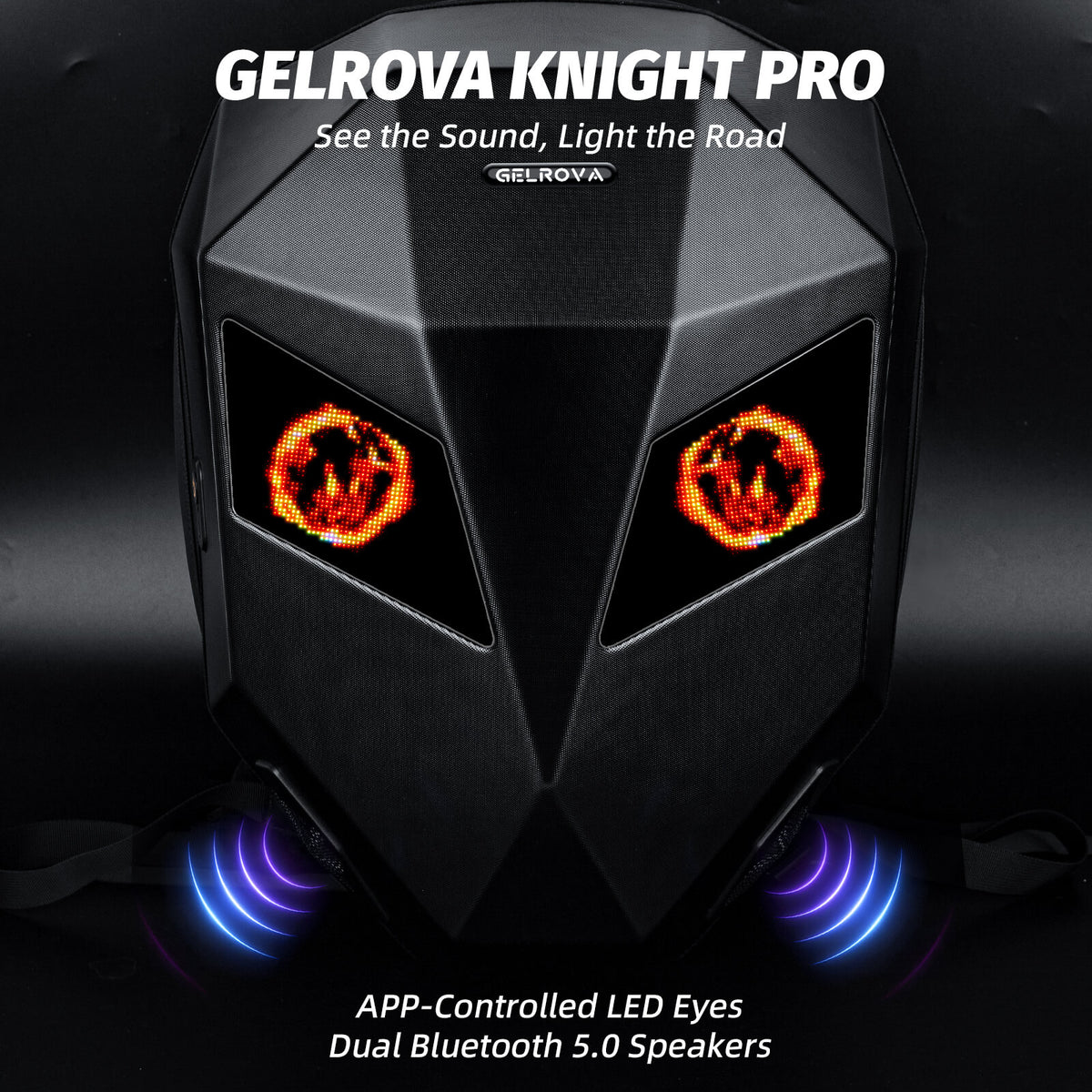 Gelrova LED Motorcycle Backpack - Knight Pro with Speaker 19" featuring programmable LED eyes and dual Bluetooth speakers.