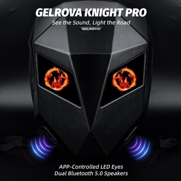 Gelrova LED Motorcycle Backpack - Knight Pro with Speaker 19" featuring programmable LED eyes and dual Bluetooth speakers.