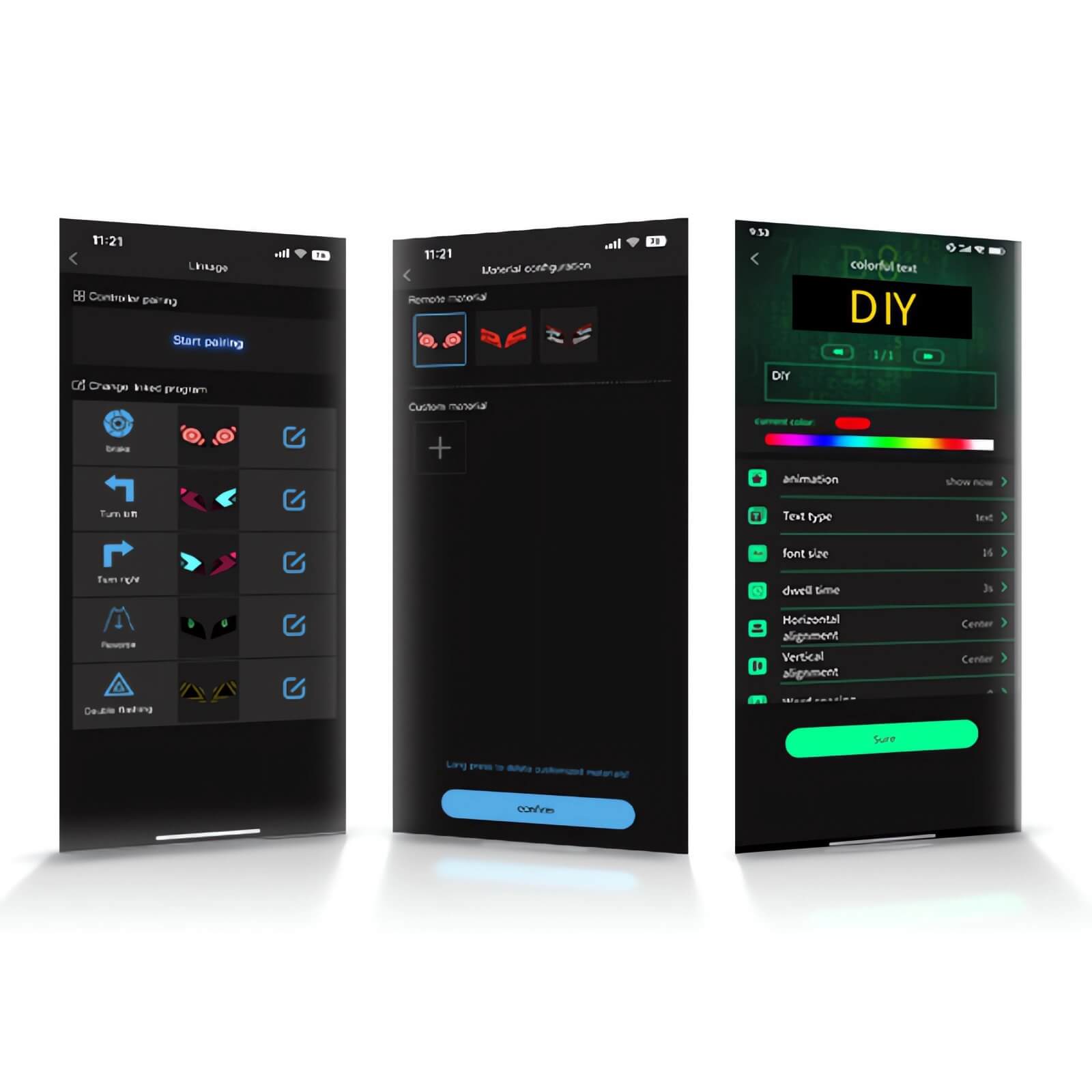 Gelrova Wireless Motorcycle Signal Sync Module app interface showcasing pairing and custom settings options.