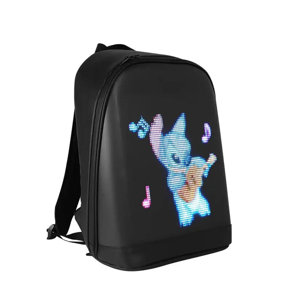 Gelrova T2 LED Backpack showcasing a colorful animated character playing guitar on its LED display.