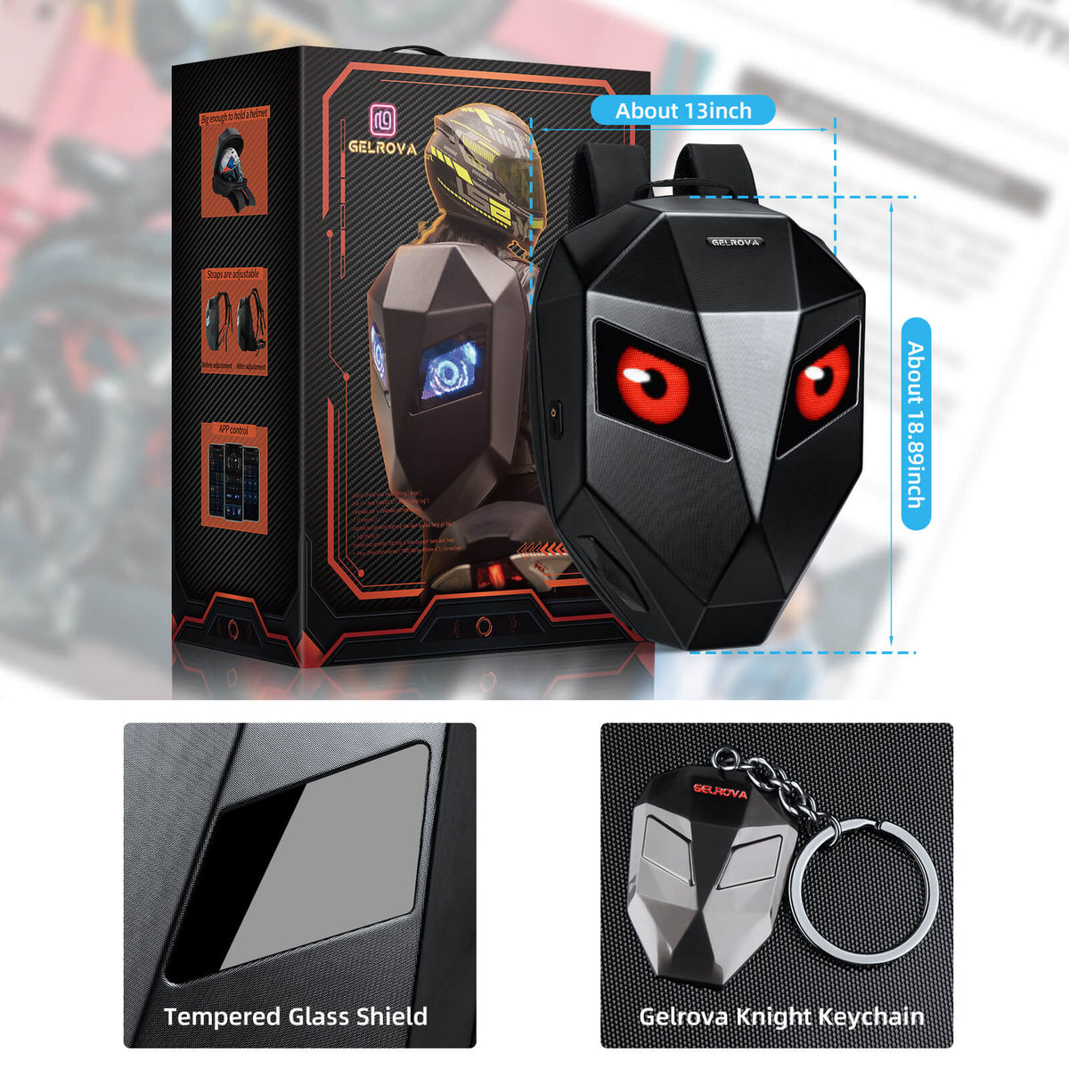 Gelrova LED Motorcycle Backpack - Knight Pro with Speaker 19" with programmable eyes, keychain, and tempered glass shield.