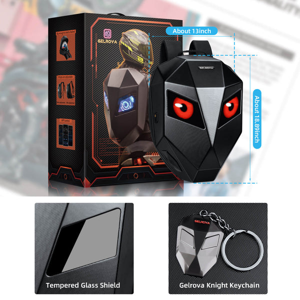 Gelrova LED Motorcycle Backpack - Knight Pro with Speaker 19" with programmable eyes, keychain, and tempered glass shield.