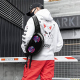 Young adult wearing Gelrova LED Crossbody Bag with animated eyes, showcasing its stylish and tech-savvy design.