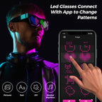 Guy wearing customizable LED glasses connected to an app to change display patterns.