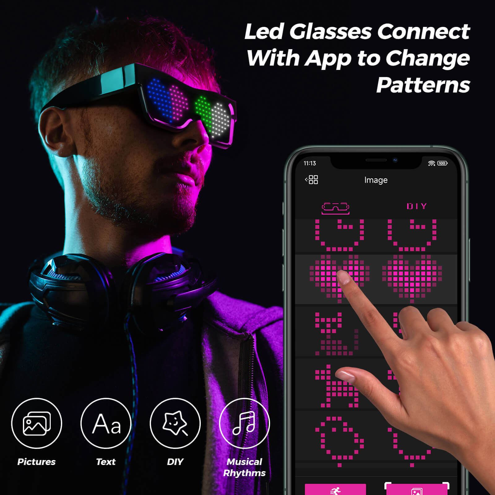 Guy wearing customizable LED glasses connected to an app to change display patterns.