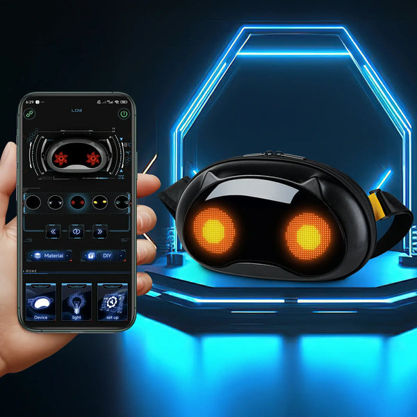 LED Crossbody Bag with smartphone app displaying animated eyes, set in futuristic background.