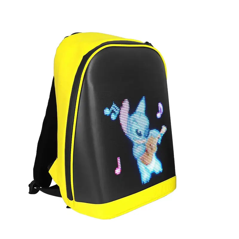 Gelrova T2 LED Backpack in yellow and black featuring an animated character with musical notes on LED display.