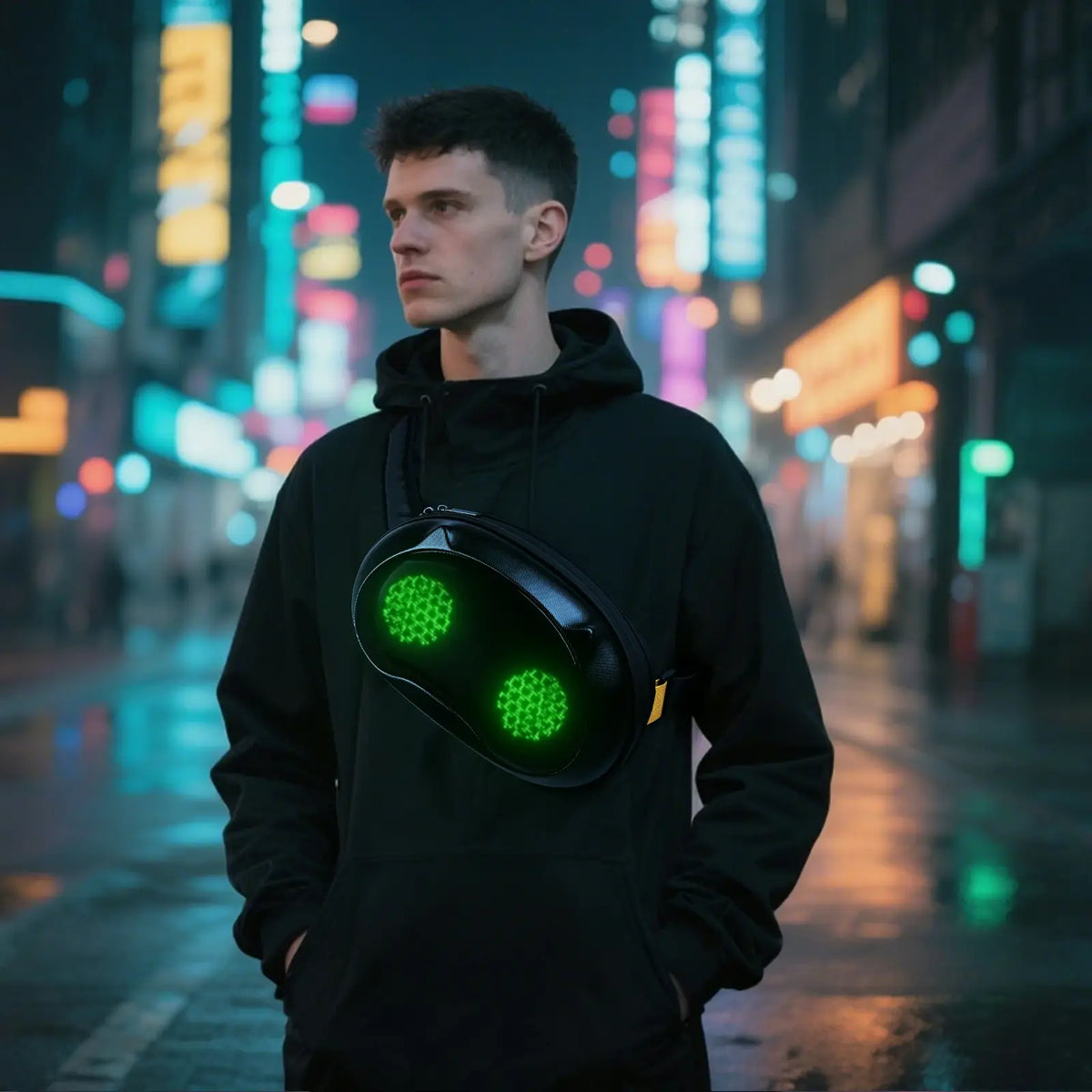 Man wearing Gelrova LED Crossbody Bag with green animated eyes in a city at night.