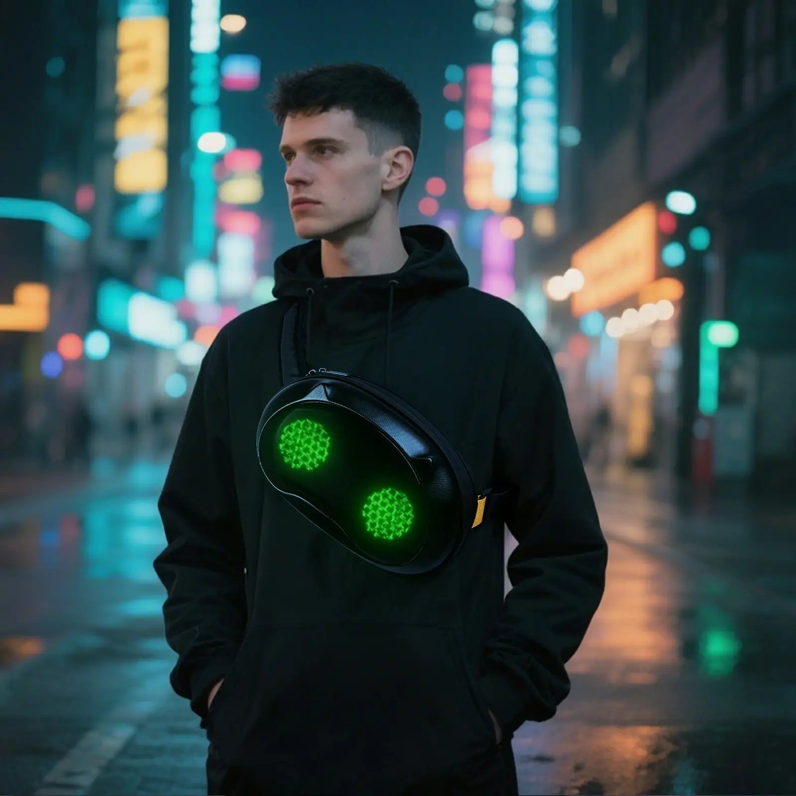 Man wearing Gelrova LED Crossbody Bag with green animated eyes in a city at night.