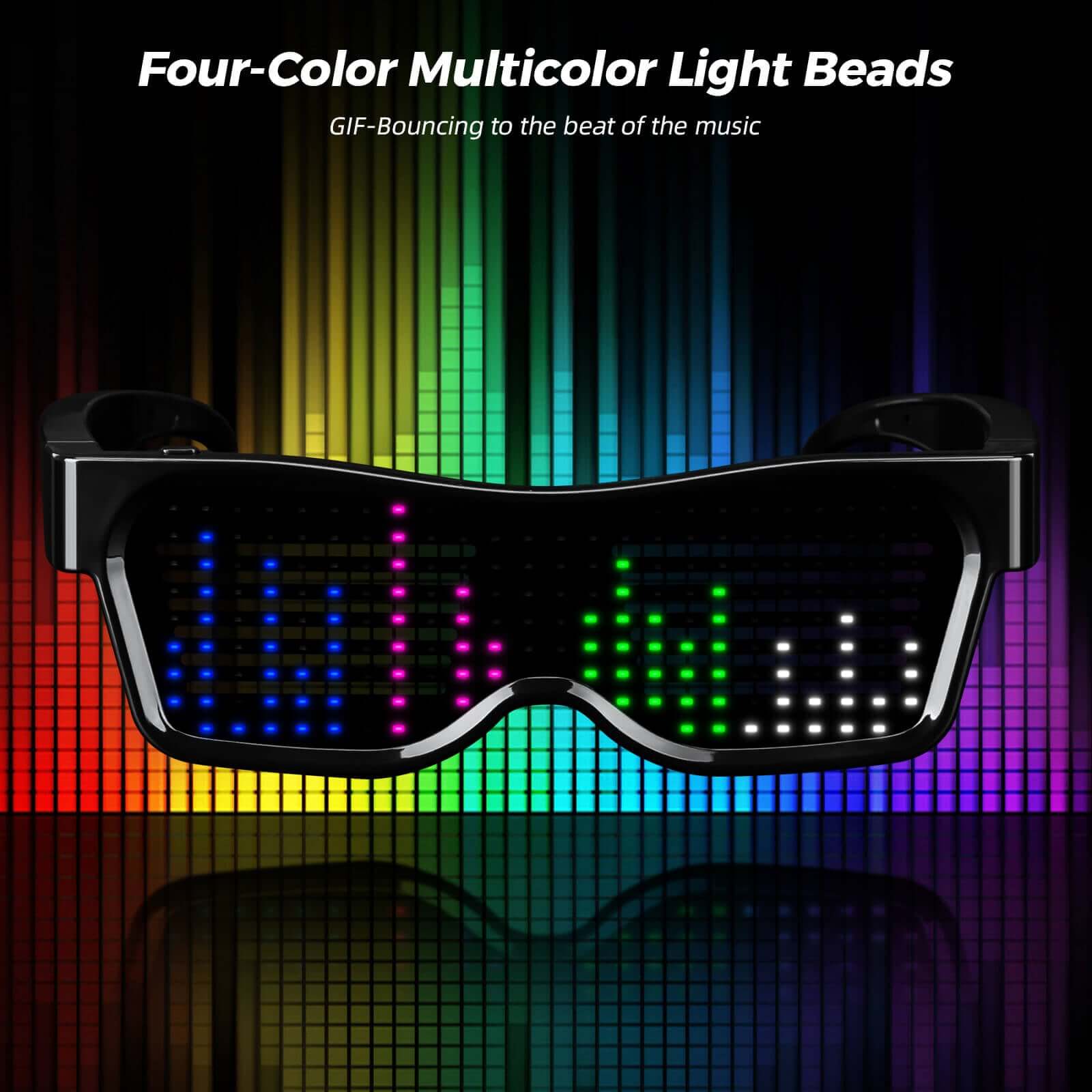 Gelrova customizable LED glasses with four-color light beads cycling to the beat of music, featuring vibrant display modes.