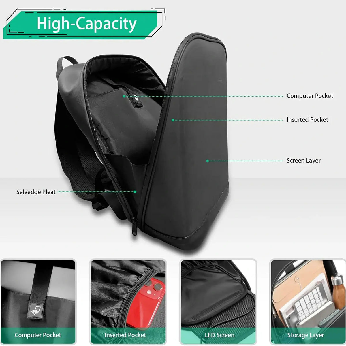 Interior view of Gelrova T2 LED Backpack showcasing high-capacity pockets and LED screen features.