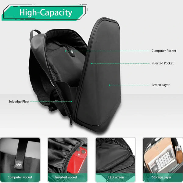 Interior view of Gelrova T2 LED Backpack showcasing high-capacity pockets and LED screen features.
