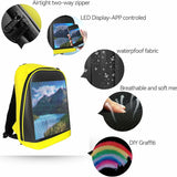 Gelrova T2 LED Backpack featuring waterproof fabric, breathable mesh, and app-controlled LED display for personalization.