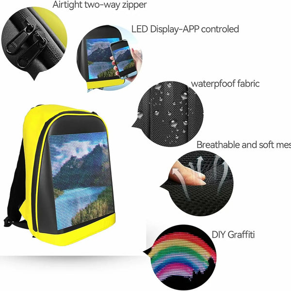 Gelrova T2 LED Backpack featuring waterproof fabric, breathable mesh, and app-controlled LED display for personalization.