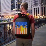 Man wearing the Gelrova T2 LED Backpack with customizable eagle design, showcasing creativity and safety at night.