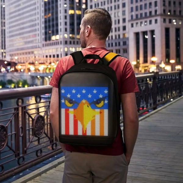 Gelrova T2 LED Backpack – 16.5" with customizable LED display showing eagle design at night.