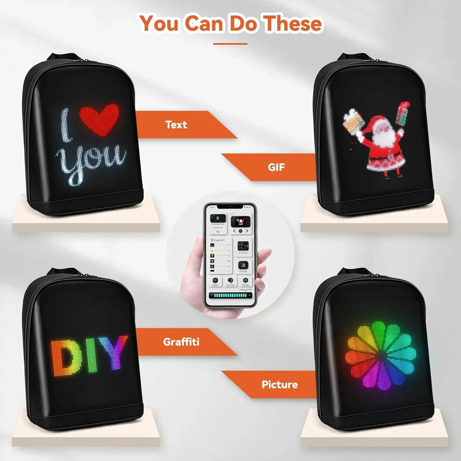 Gelrova T2 LED Backpack showing customizable designs: text, GIFs, graffiti, and pictures with app control.