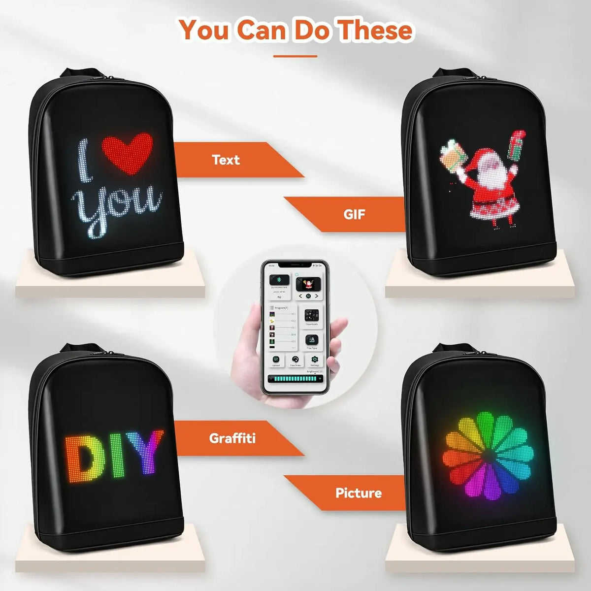Gelrova T2 LED Backpack showing customizable designs: text, GIFs, graffiti, and pictures with app control.