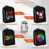 Gelrova T2 LED Backpack showing customizable designs: text, GIFs, graffiti, and pictures with app control.