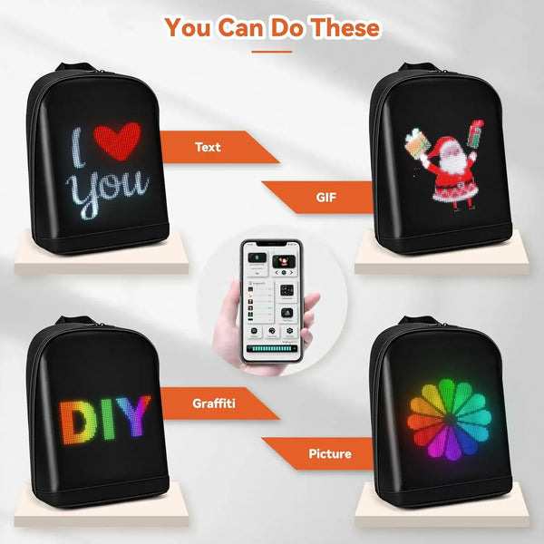 Gelrova T2 LED Backpack showing customizable designs: text, GIFs, graffiti, and pictures with app control.