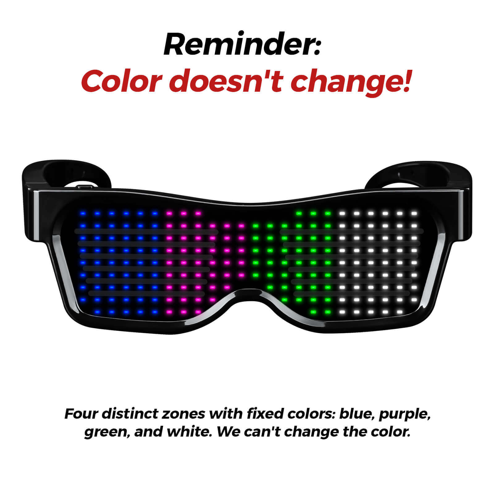 Gelrova LED glasses with fixed color zones in blue, purple, green, and white; color change not available.