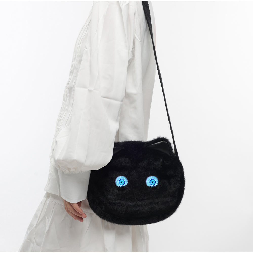 Cute Plush Cat Crossbody Bag with LED Animated Eyes, 6 Dynamic Eye Modes Fluffy Kitty Shoulder Purse, Kawaii Cartoon Cat Face Furry Sling Bag for Women Girls Daily Outfit Dating Gift