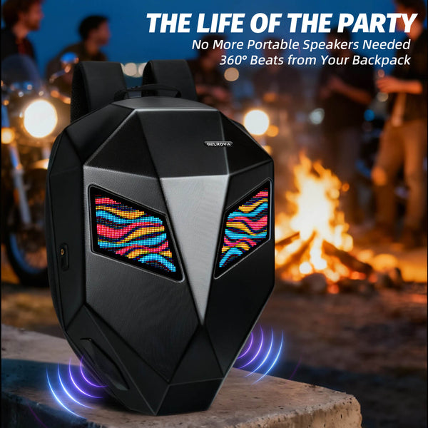 Gelrova LED Motorcycle Backpack - Knight Pro with Speaker 19" features programmable eyes and dual speakers for 360-degree sound.