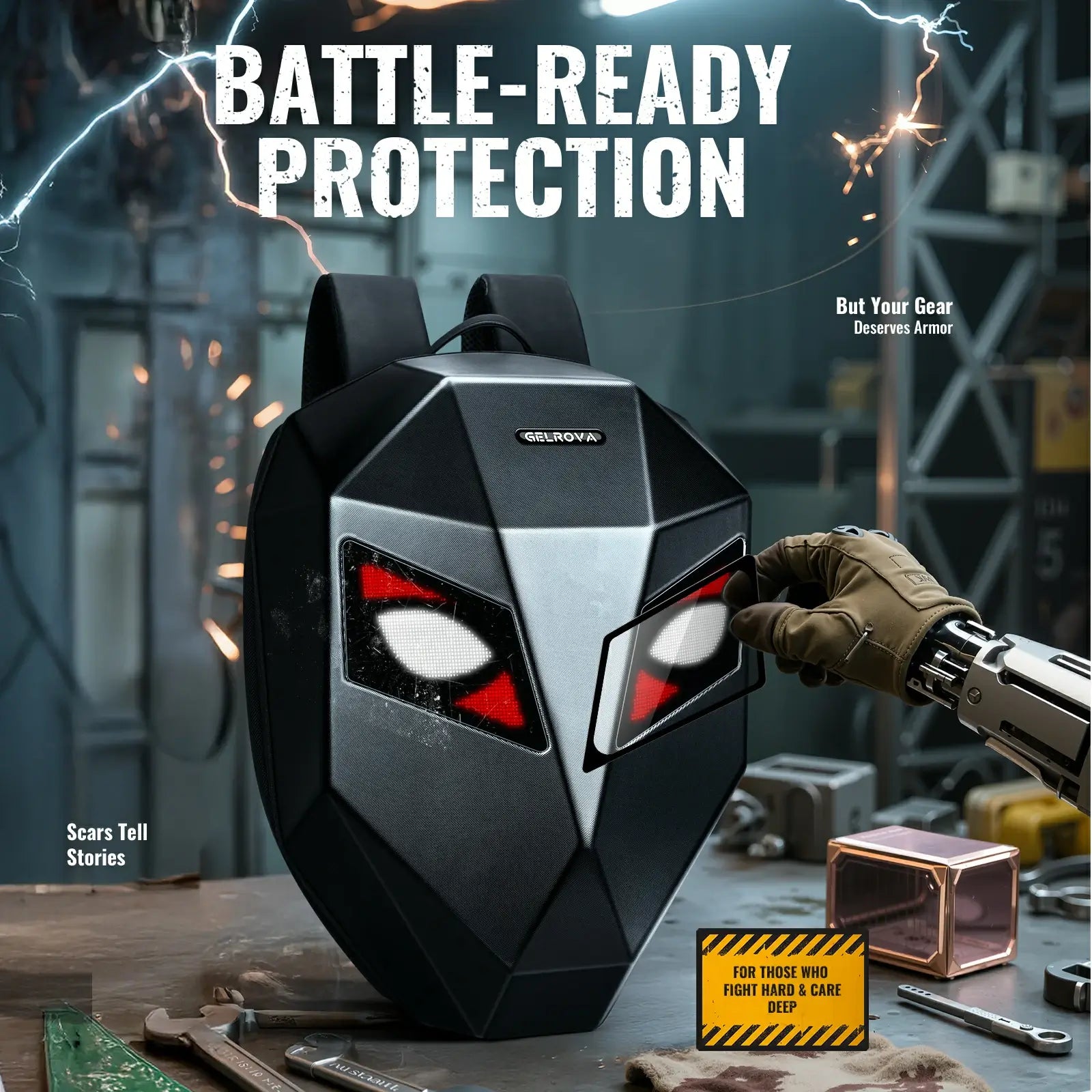 Gelrova Tempered Glass Screen Protector for Knight Series LED Motorcycle Backpack in a battle-ready setting.