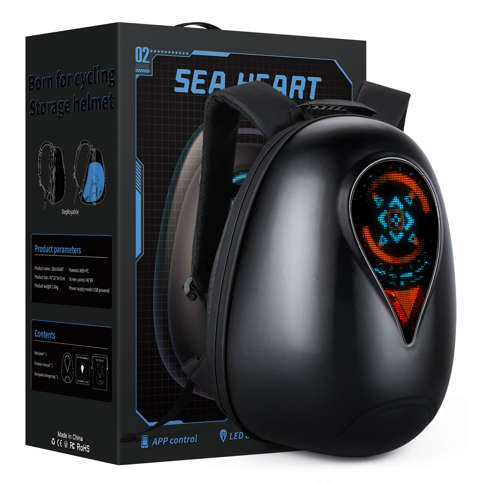 Gelrova Motorcycle LED Backpack - Sea Heart Series - 17" - Innovative LED display for personalization while riding.