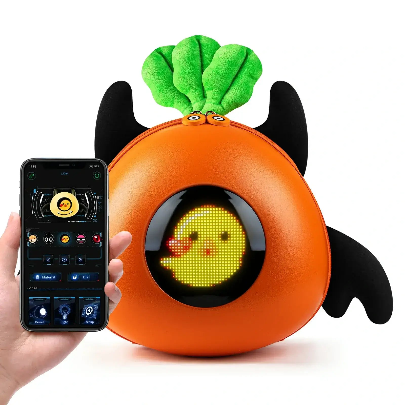 Gelrova Carrot LED Backpack for Kids with app control, animated display, and cute carrot design.