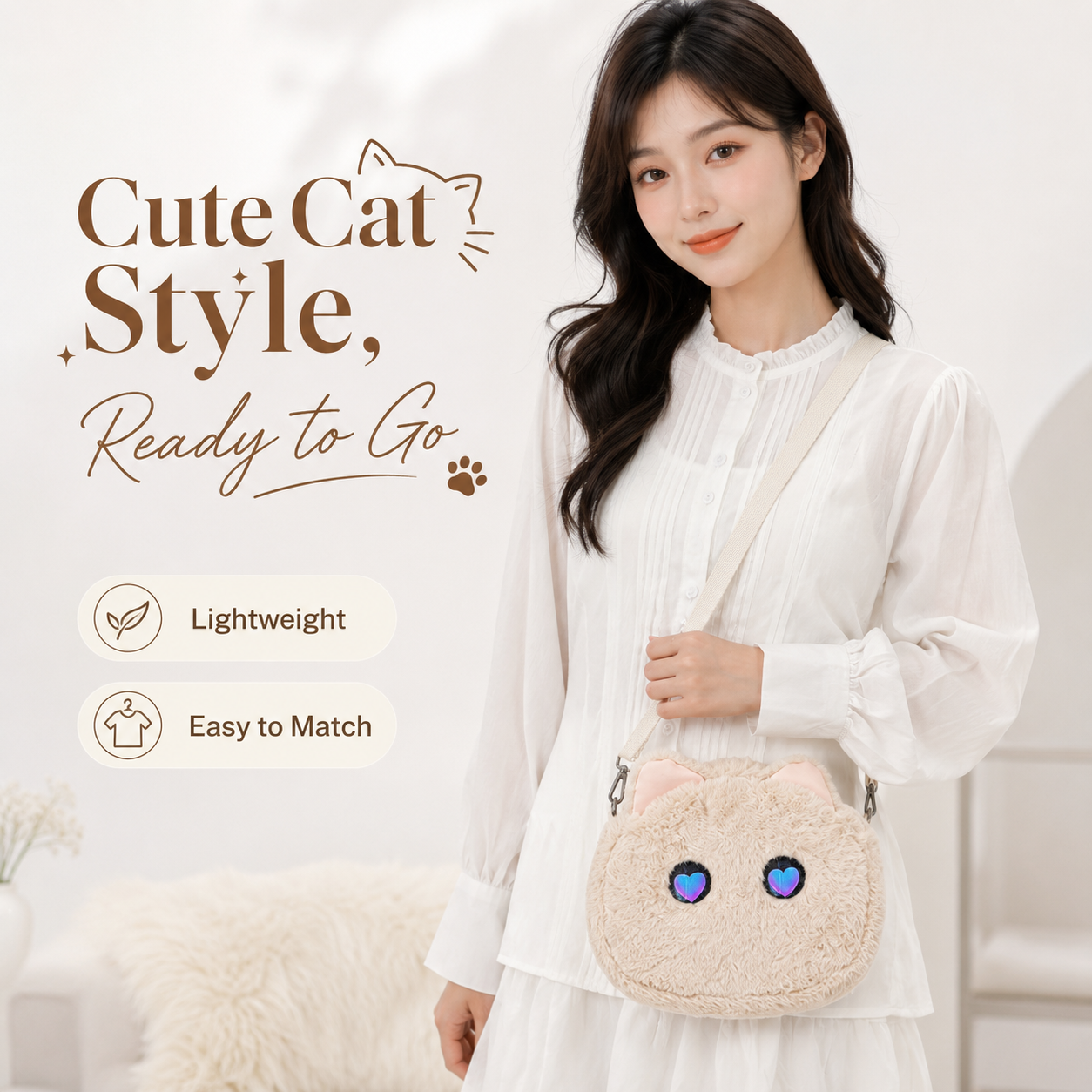 Cute Plush Cat Crossbody Bag with LED Animated Eyes, 6 Dynamic Eye Modes Fluffy Kitty Shoulder Purse, Kawaii Cartoon Cat Face Furry Sling Bag for Women Girls Daily Outfit Dating Gift