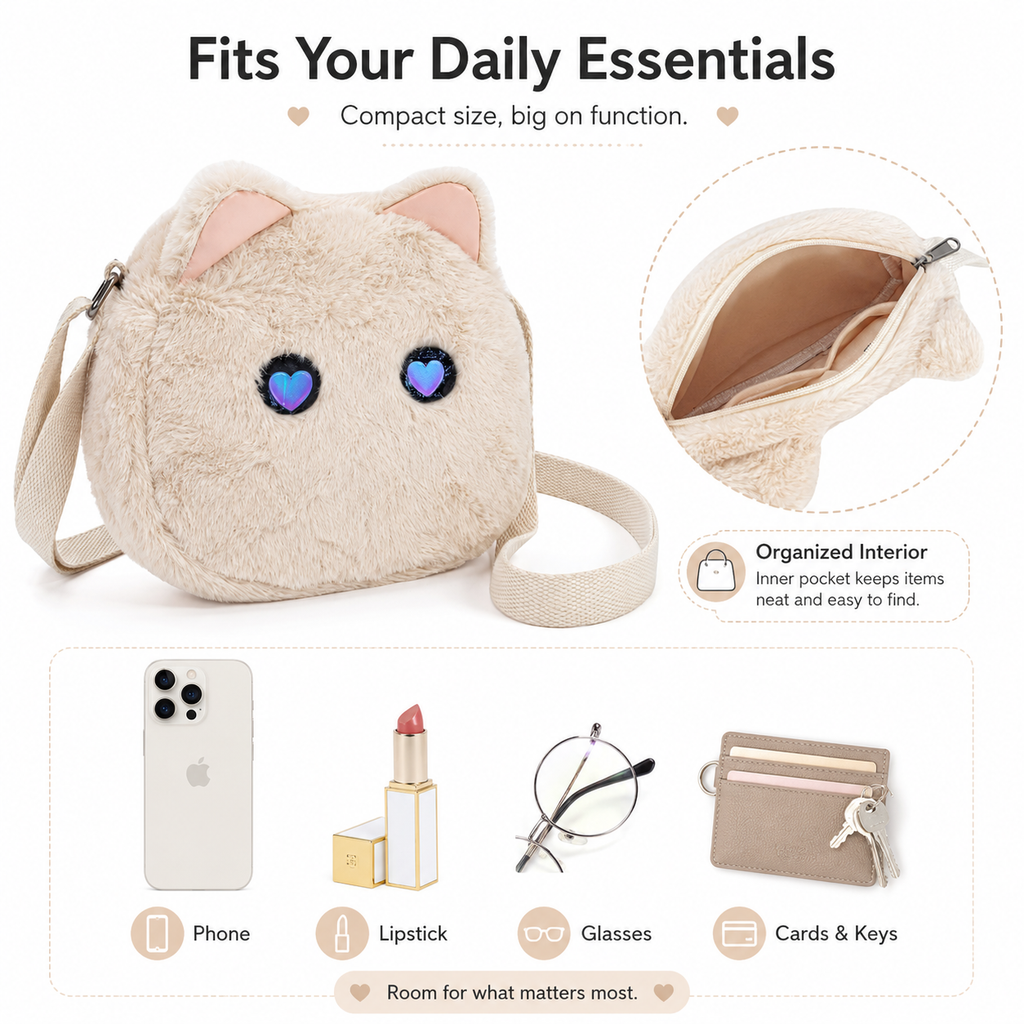 Cute Plush Cat Crossbody Bag with LED Animated Eyes, 6 Dynamic Eye Modes Fluffy Kitty Shoulder Purse, Kawaii Cartoon Cat Face Furry Sling Bag for Women Girls Daily Outfit Dating Gift