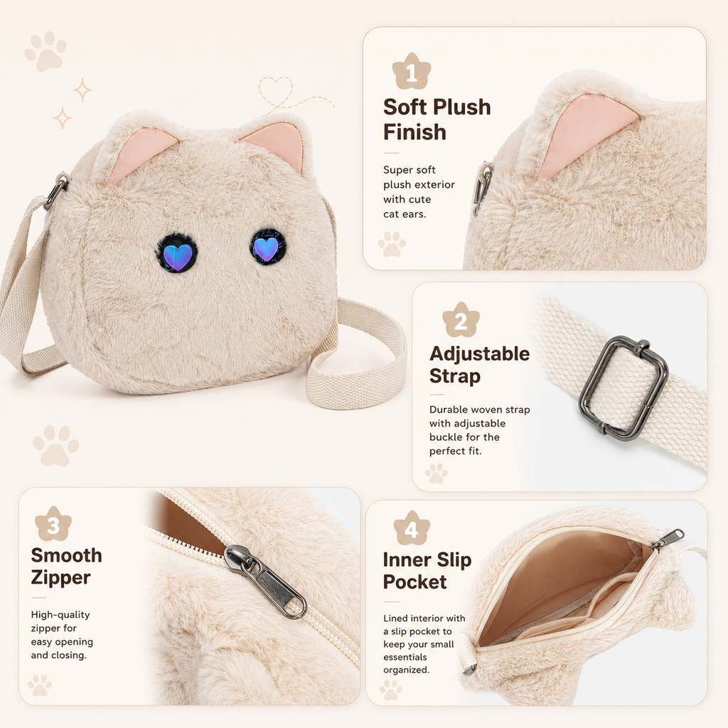 Cute Plush Cat Crossbody Bag with LED Animated Eyes, 6 Dynamic Eye Modes Fluffy Kitty Shoulder Purse, Kawaii Cartoon Cat Face Furry Sling Bag for Women Girls Daily Outfit Dating Gift