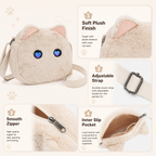 Cute Plush Cat Crossbody Bag with LED Animated Eyes, 6 Dynamic Eye Modes Fluffy Kitty Shoulder Purse, Kawaii Cartoon Cat Face Furry Sling Bag for Women Girls Daily Outfit Dating Gift