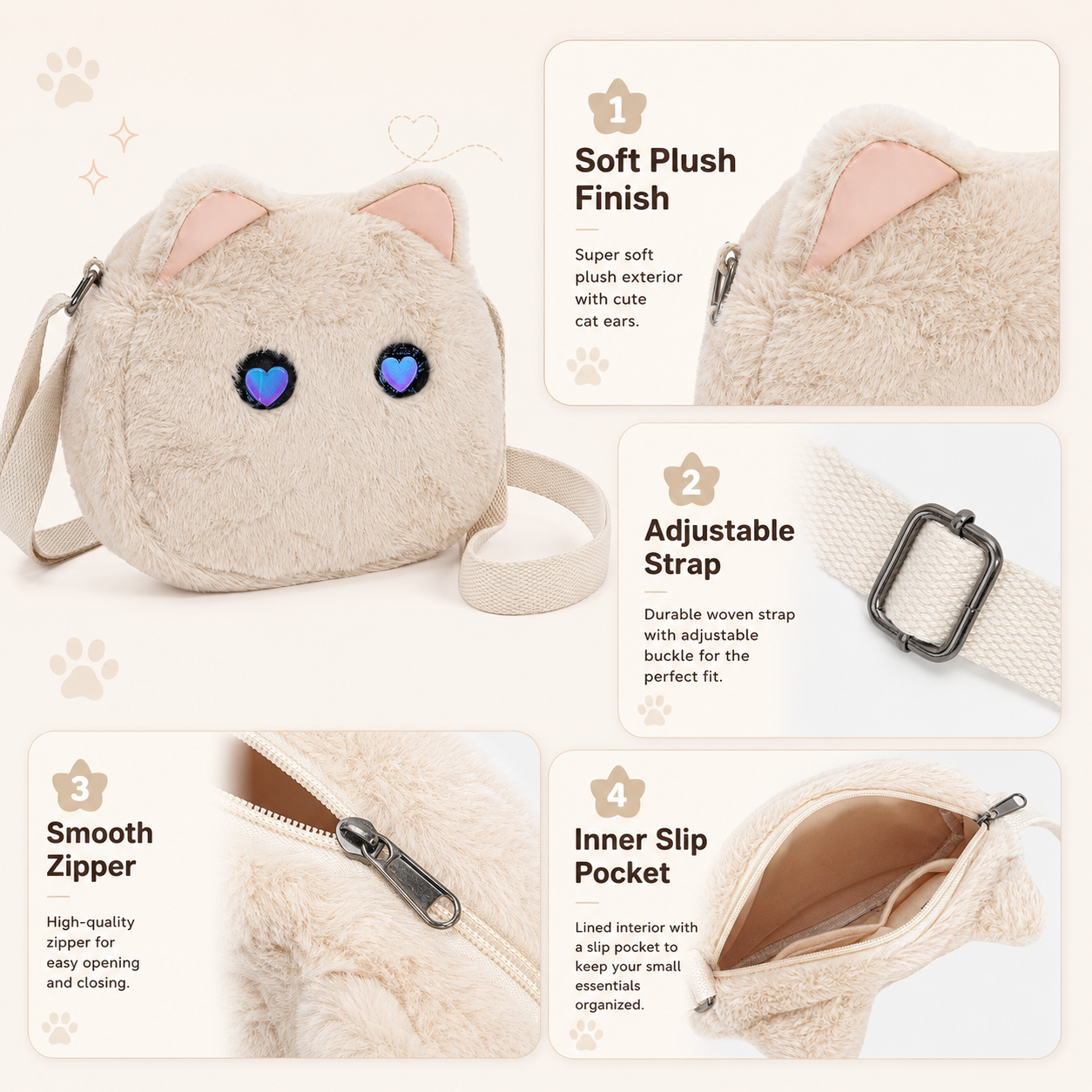 Cute Plush Cat Crossbody Bag with LED Animated Eyes, 6 Dynamic Eye Modes Fluffy Kitty Shoulder Purse, Kawaii Cartoon Cat Face Furry Sling Bag for Women Girls Daily Outfit Dating Gift