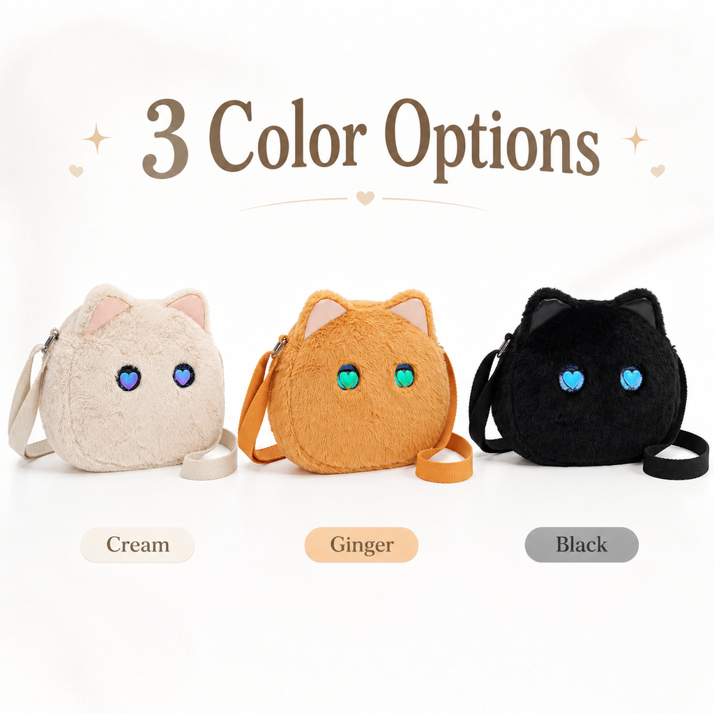 Cute Plush Cat Crossbody Bag with LED Animated Eyes, 6 Dynamic Eye Modes Fluffy Kitty Shoulder Purse, Kawaii Cartoon Cat Face Furry Sling Bag for Women Girls Daily Outfit Dating Gift