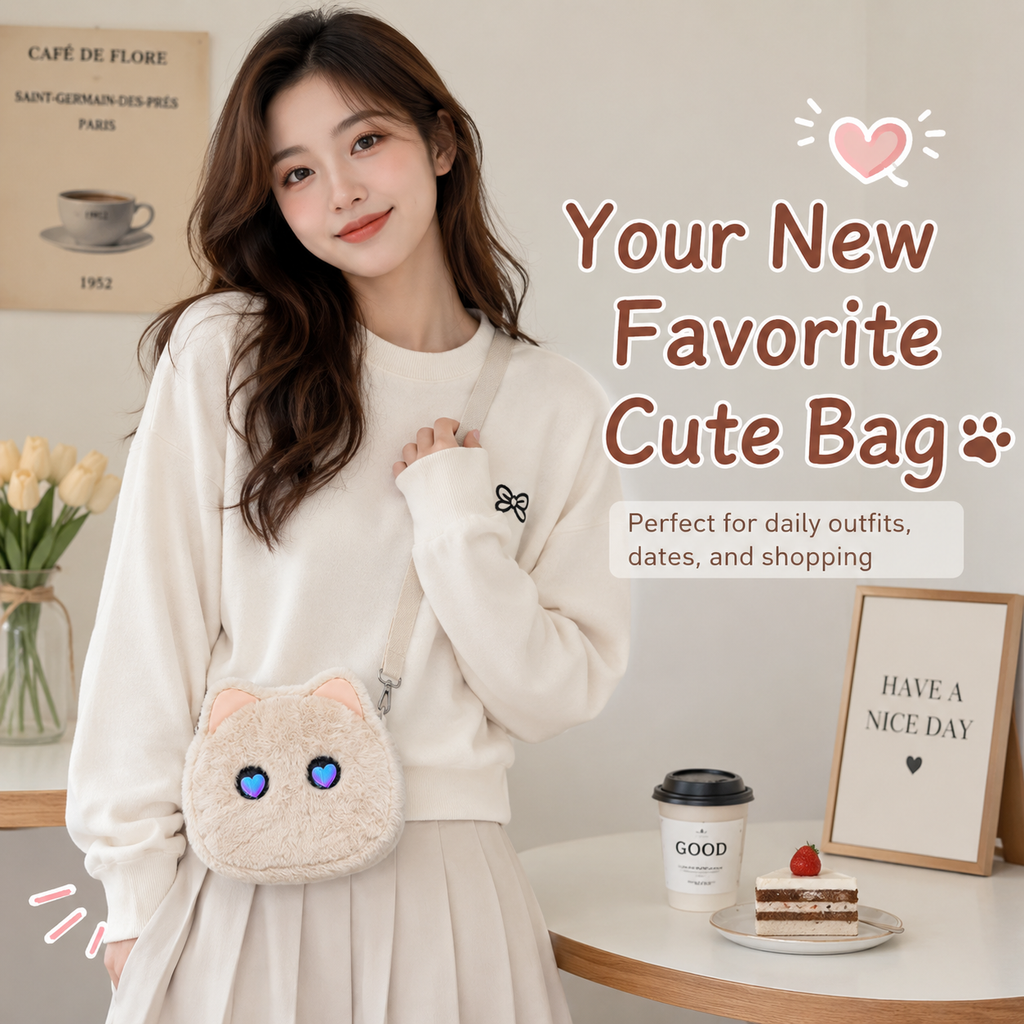 Cute Plush Cat Crossbody Bag with LED Animated Eyes, 6 Dynamic Eye Modes Fluffy Kitty Shoulder Purse, Kawaii Cartoon Cat Face Furry Sling Bag for Women Girls Daily Outfit Dating Gift