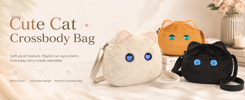 Cute Plush Cat Crossbody Bag with LED Animated Eyes, 6 Dynamic Eye Modes Fluffy Kitty Shoulder Purse, Kawaii Cartoon Cat Face Furry Sling Bag for Women Girls Daily Outfit Dating Gift